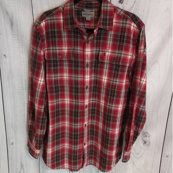 Carhartt | Oversized Red Plaid Heavyweight Flannel Button-Up Shirt/Shacket - Picture 1 of 10